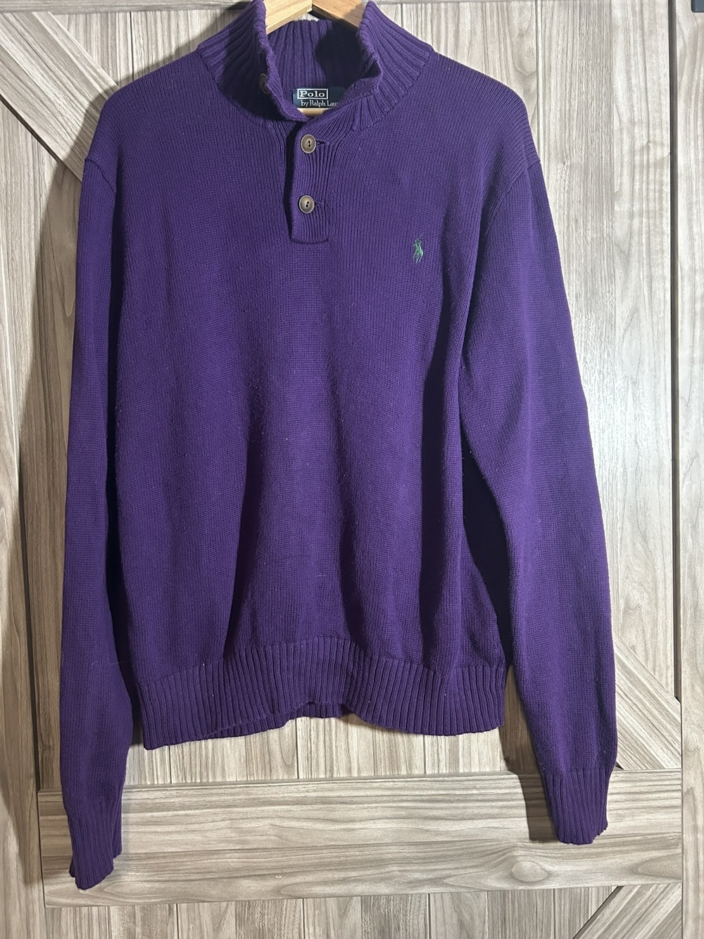 Vintage Polo Ralph Lauren Mock Neck Button Sweater Purple Cotton Mens L